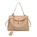 Minimalistische beige matte Leder-Unterarmtasche mit Metalldrehverschluss und Tragegriff - Khaki