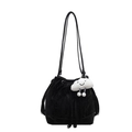 Black nylon bucket bag with drawstring closure and a white cloud plush charm - Black