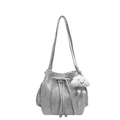 Silver bucket bag with marble texture and cute cloud pendant on white background - Silver