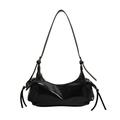 Glossy black crescent shoulder bag with side pocket details and adjustable strap - Black