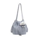 Light blue bucket backpack with drawstring bow and cute plush cloud charm for women - Blue