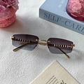 Fashion rimless sunglasses with purple gradient lenses and gold metallic rivet details - Grey Green
