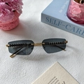 Frameless geometric sunglasses with dark gray lenses and golden studded temples - Full Grey