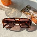 Detail view of tortoiseshell square sunglasses with double bridge and pink lenses - Leopard Print