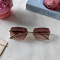 Frameless gradient brown sunglasses with gold textured metal temples for men and women - Double Tea