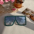 Oversized square sunglasses with blue gradient lenses and blue rhinestones decoration - Blue