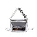 Mini silver patent leather bag with pearl and heart bead handle for women - Silver