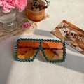 Oversized sunglasses with blue rhinestones, orange gradient lenses and tortoiseshell arms - Blue and Orange