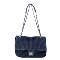 Borsa a tracolla in denim blu scuro con catena argento e chiusura girevole - Blu scuro