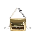 Mini glossy gold patent leather crossbody bag with pearl and heart beaded handle - Gold