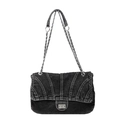 Borsa tote in denim nero con tracolla a catena argento e cuciture radiali di moda - Nero