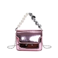 Glossy metallic pink mini handbag with pearl handle and silver chain strap for women - Pink