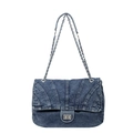 Borsa tote in denim trapuntato blu con tracolla a catena e chiusura a girello - Blu