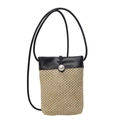 Mini bolso bandolera de paja tejida beige con ribete de cuero negro y cierre de perla blanca - Negro