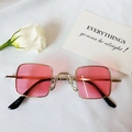 Retro square kids sunglasses with pale gold metal frame and bright pink lenses - Pink