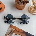 Skull shaped sunglasses with gold metal frame and black lenses for Halloween party costume - Skeleton Bone Black