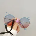 Kids round cat-ear sunglasses with pink-blue gradient lenses and thin metal frame - Blue (Blue Pink Gradient)