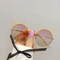 Kids cat-ear sunglasses with gold metal frame and pink to green gradient lenses - Pink Yellow