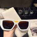 Detail of square sunglasses with white frame, yellow temples and leather storage pouch - White Frame Yellow Temples