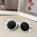 Kids white round cat ear sunglasses with black lenses and paw detail on temples - White