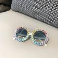 White round frame children's sunglasses with rainbow rhinestones and gradient lenses - White Frame Green Lens (With Colorful Rhinestones)