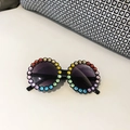 Cute kids round sunglasses with colorful rainbow rhinestones on black frames - Black Frame Double Grey Lens (Colorful Rhinestones)