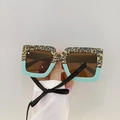 Occhiali da sole quadrati bimbo leopardati e verde menta con nastro nero decorativo - Tartarugato Sopra Verde Sotto