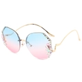 Fashion rimless oversized sunglasses with blue-pink gradient lenses and diamond accents - Gold Frame Gradient Blue Pink Lens