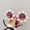 Pink round frames kids sunglasses with white daisy flowers and tiny rhinestones decoration - Brick Pink Daisy
