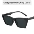 Retro cat-eye rectangle sunglasses in glossy black frame with dark grey lenses - Glossy Black/Grey Lens