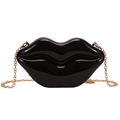 Fashionable black patent leather lip-shaped crossbody bag with gold chain strap - Black