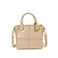 Fashionable beige small square handbag with grid stitching and gold metal hardware - Apricot
