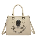 Chic beige tote bag with black rhinestone skull and dark metal studs detailing - Khaki