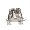 Silberne Beuteltasche mit Kordelzug, langen Quasten und dünnem Metall-Kettenriemen - Silber