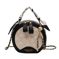 Quilted round crossbody bag in black and beige with silk scarf handle and gold chain - Black & Beige