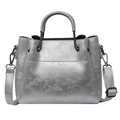 Grand sac fourre-tout gris argenté avec gaufrage floral et bandoulière amovible chic - S / Argent