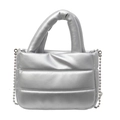 Silberne Stepphandtasche aus PU-Leder mit geschwollener Textur und Metall-Schulterkette - Silber