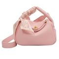Pink litchi texture PU leather crossbody bag with silk scarf handle and gold hardware - Pink