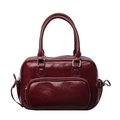 Fashionable dark red vintage Boston handbag with glossy oil wax leather and metal zipper - Burgundy