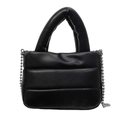 Quilted black PU leather crossbody bag with puffy handle and silver ball chain - Black