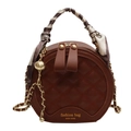 Borsa rotonda trapuntata marrone scuro con catena dorata e manico con foulard - Marrone