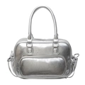 Chic silver metallic Boston handbag with wrinkled texture and front zipper pocket - Silver