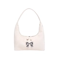 Creamy white suede hobo bag with a silver metallic bow and dual zipper closure - White