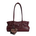 Retro burgundy shoulder bag in glossy embossed faux leather with heart leopard charm - With Pendant / 37*12*16 / Burgundy