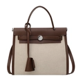 Borsa tote retrò in tela beige e pelle marrone con chiusura in metallo argento - caffè