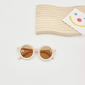 Detail of round toddler sunglasses featuring pink and white bicolor frames and brown lenses - Pink and White