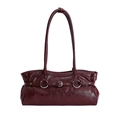 Minimalist burgundy high-gloss tote bag with buckle detail and vintage wrinkled texture - Basic Style / 37*12*16 / Burgundy