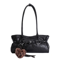 Minimalist black tote bag with silver buckle and leopard print heart charm decoration - With Pendant / 37*12*16 / Black
