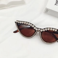 Detailopname van een cat-eye zonnebril met grote strasstenen en bruine glazen op stof - Luipaardprint