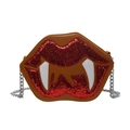Brown PU vampire lip crossbody bag with red sequins and silver metal chain strap - Brown